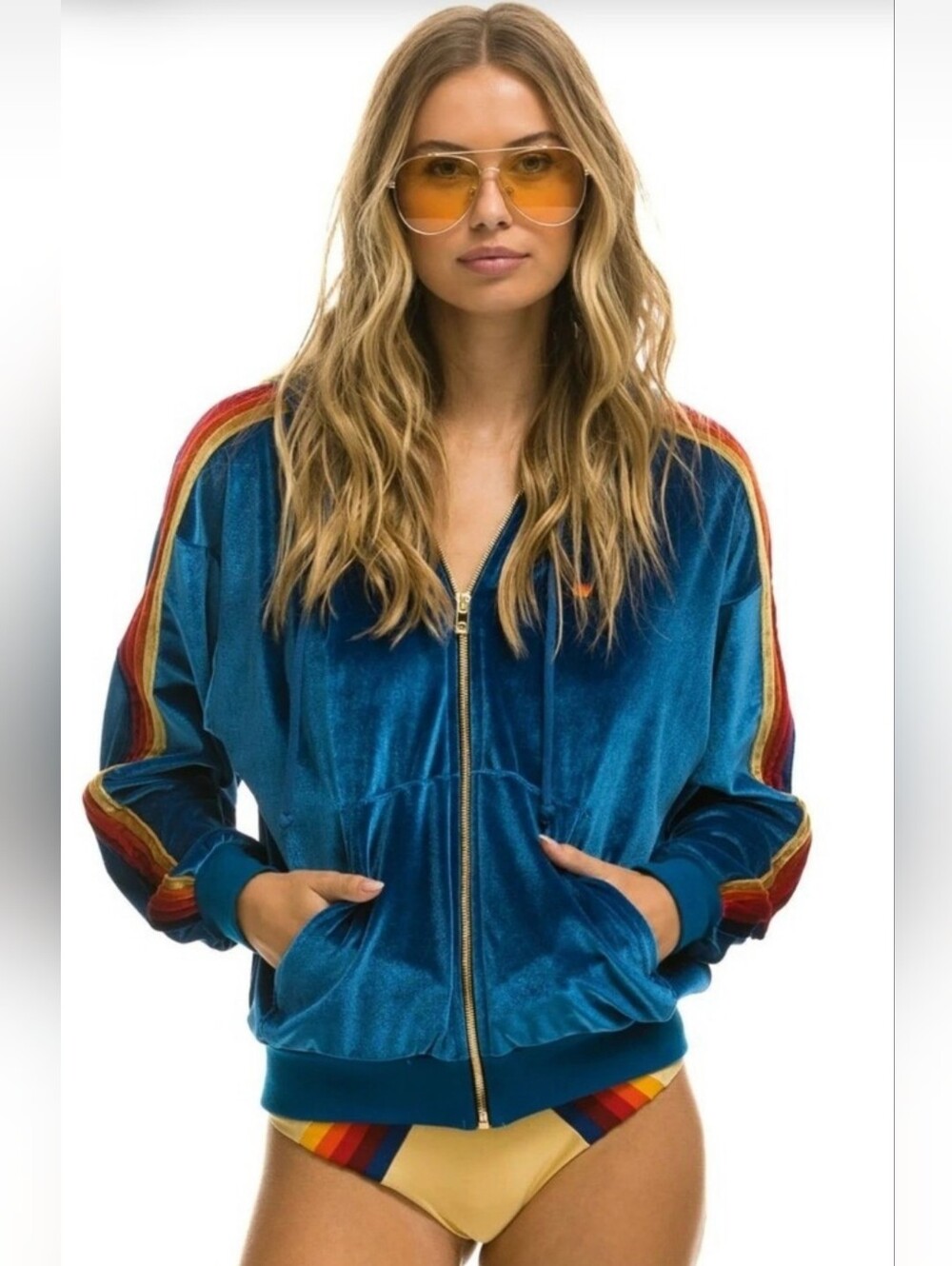 Aviator Nation Roval Blue Velour Rainbow Stripe Hoodie
